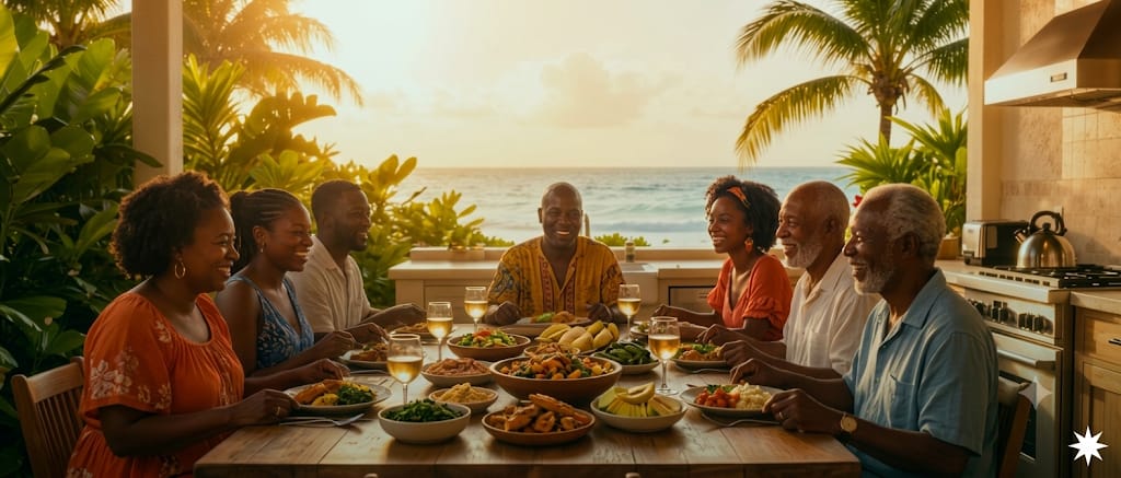 Family gathering at sunset in Tobago